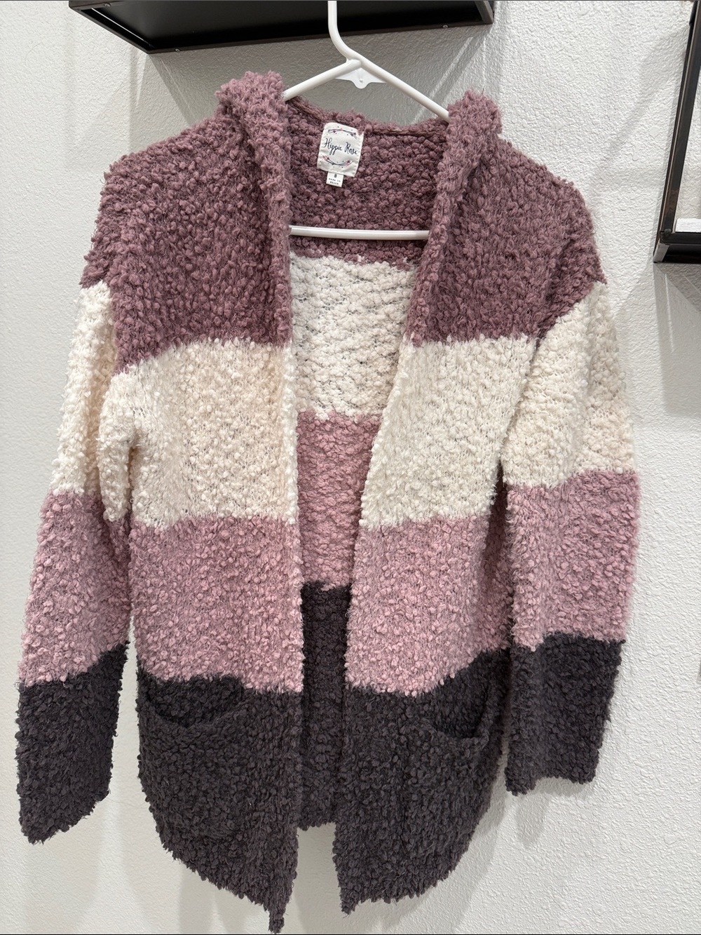 Hippie Rose Plush Striped Hooded Cardigan - Mauve, Cream & Charcoal